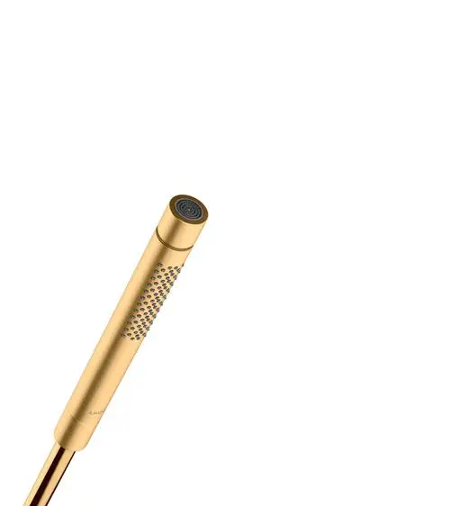 Goldene Stabhandbrause mit perforierter Oberfläche, hergestellt von AXOR. Der Kopf ist rund und hat einen zentralen Auslass. Der Griff ist schlank und elegant.